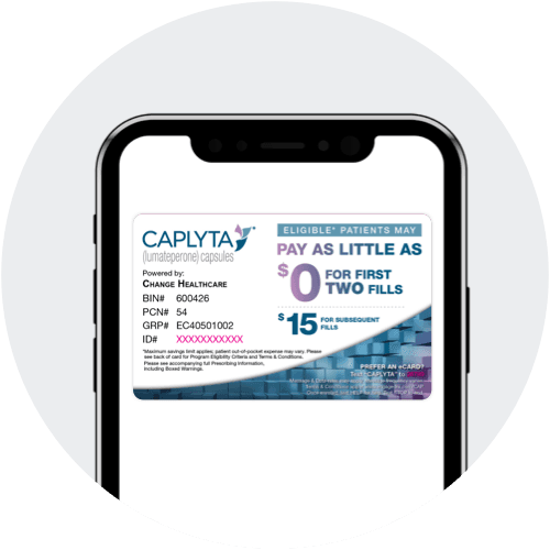 CAPLYTA® (lumateperone) savings card on a mobile device